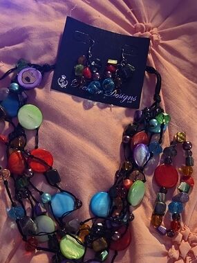 Premier Designs Multi-Color Beaded Necklace — Vibrant Red, Blue & Green